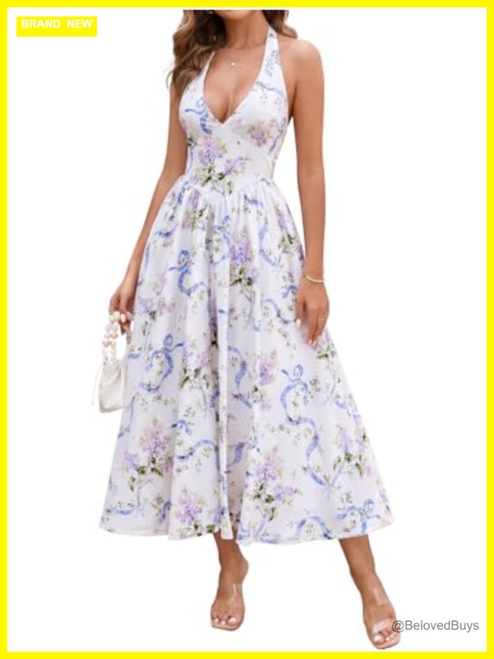 Halter V-Neck Midi Dress Gingham Backless Smocked Summer Wedding Guest